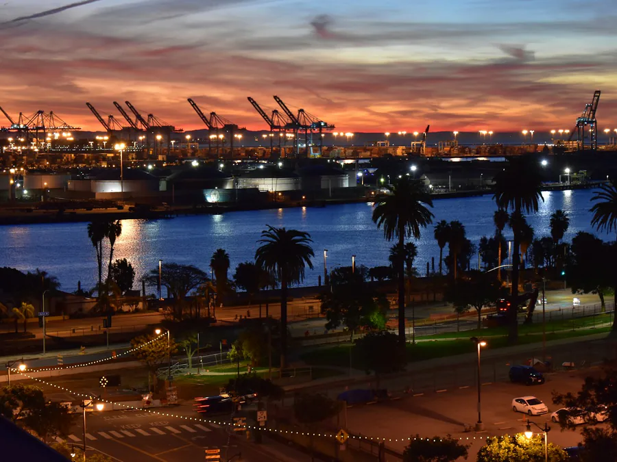 Port of Los Angeles cranes at dusk behind a palm-lined waterfront