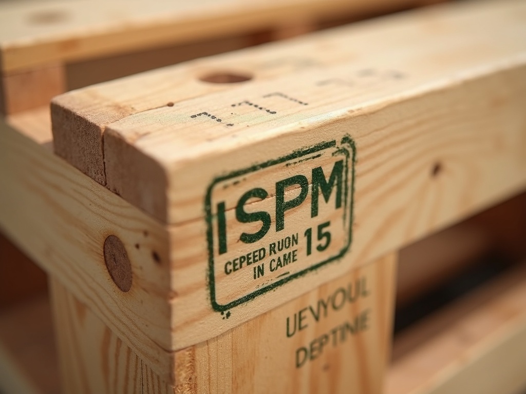 Debarked heat-treated wooden crate corner showing ISPM-15 style compliance marking area