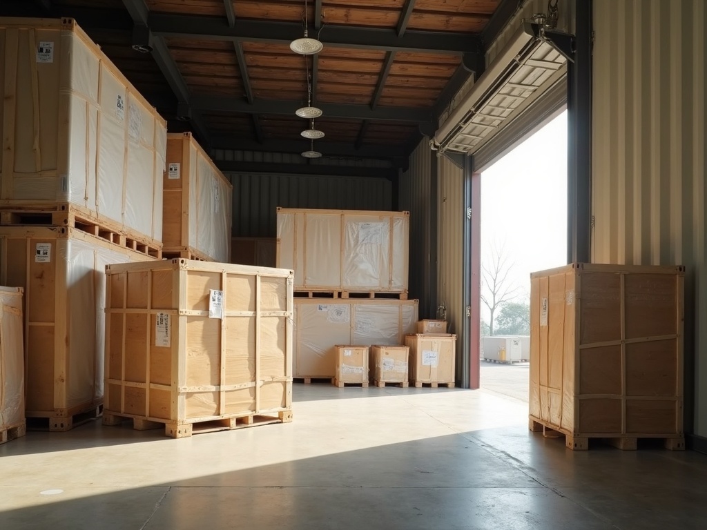 Crated Bali furniture staged beside an open shipping container for consolidation loading