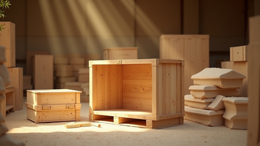 Teak sideboard being enclosed in a raw-wood export crate inside a Bali packing workshop